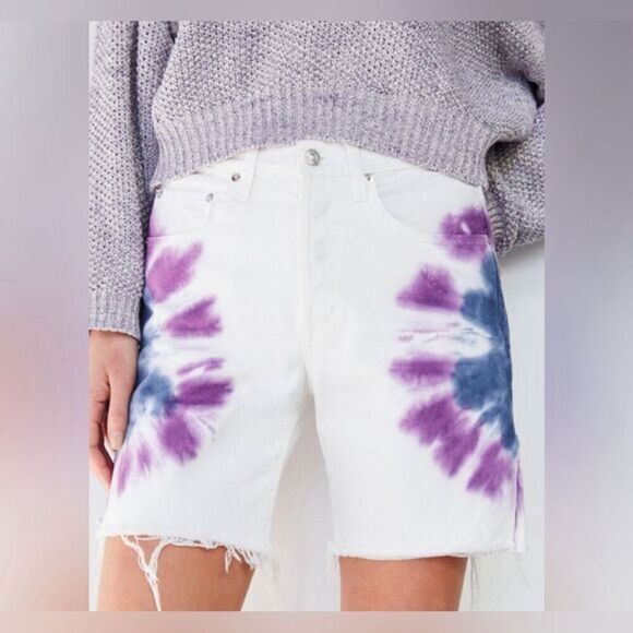 NWT Edwin Women’s CAI Tie Dye Denim Bermuda Shorts - Sunset Raw Hem, Size 28 - Picture 1 of 8